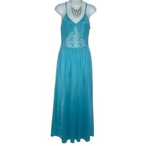 Vintage 80's Diane Von Furstenberg Aqua Blue Satin Nightqown Long Lace Dynasty